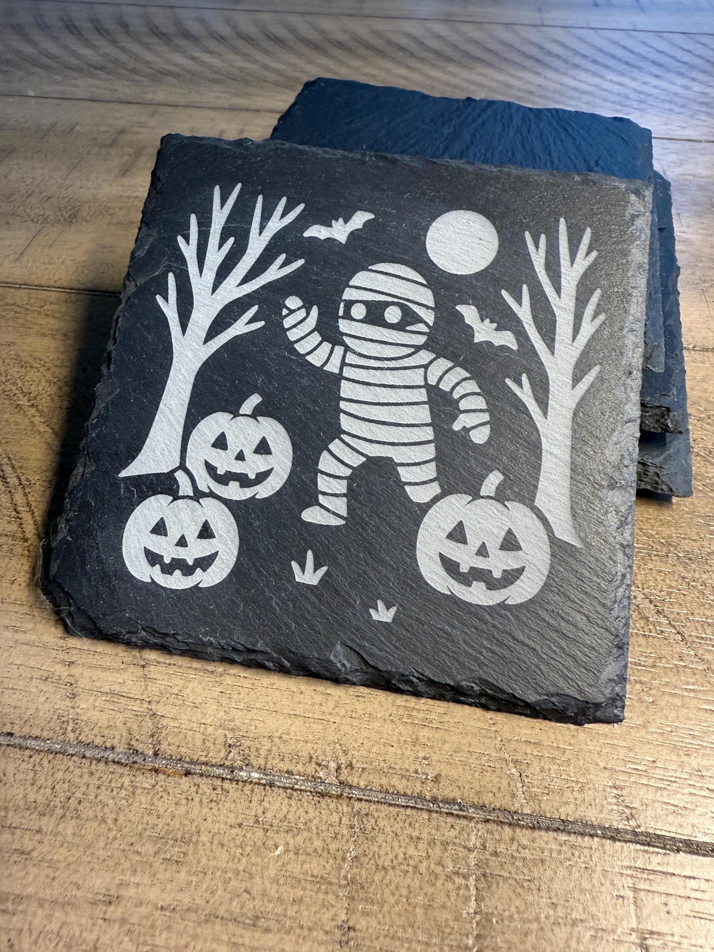 Set of 4 Haunted Mummy Coaster Set | Spooky Halloween Slate Coasters for Home Decor | Can be Personalized!