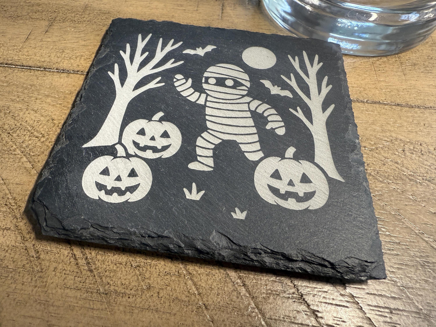 Set of 4 Haunted Mummy Coaster Set | Spooky Halloween Slate Coasters for Home Decor | Can be Personalized!
