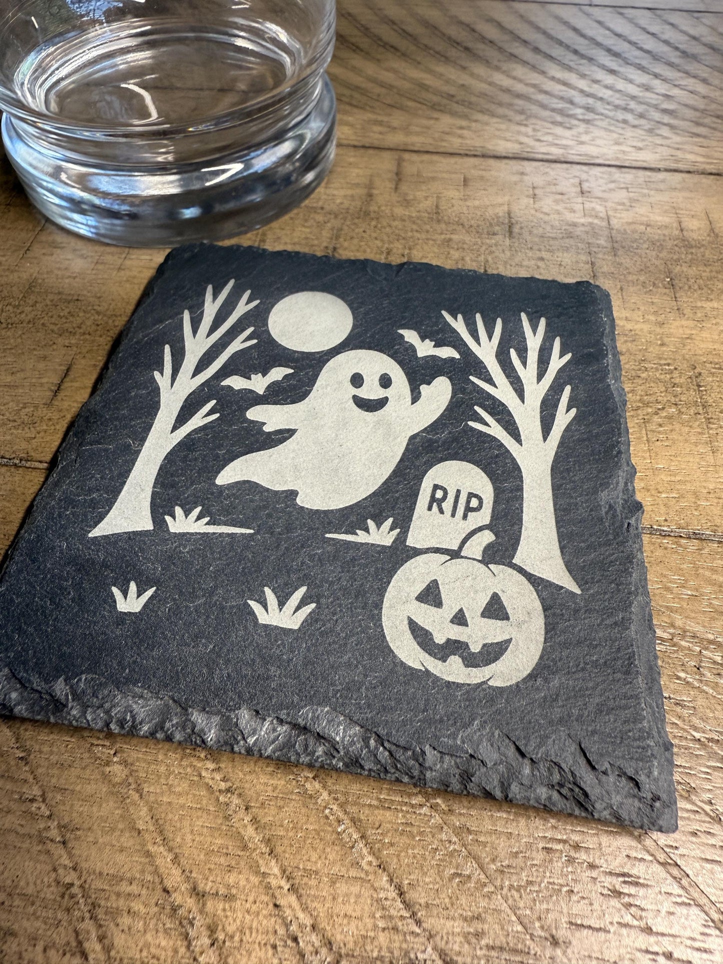 Set of 4 Flying Ghost Coaster Set | Spooky Halloween Slate Coasters for Home Decor | Can be Personalized!