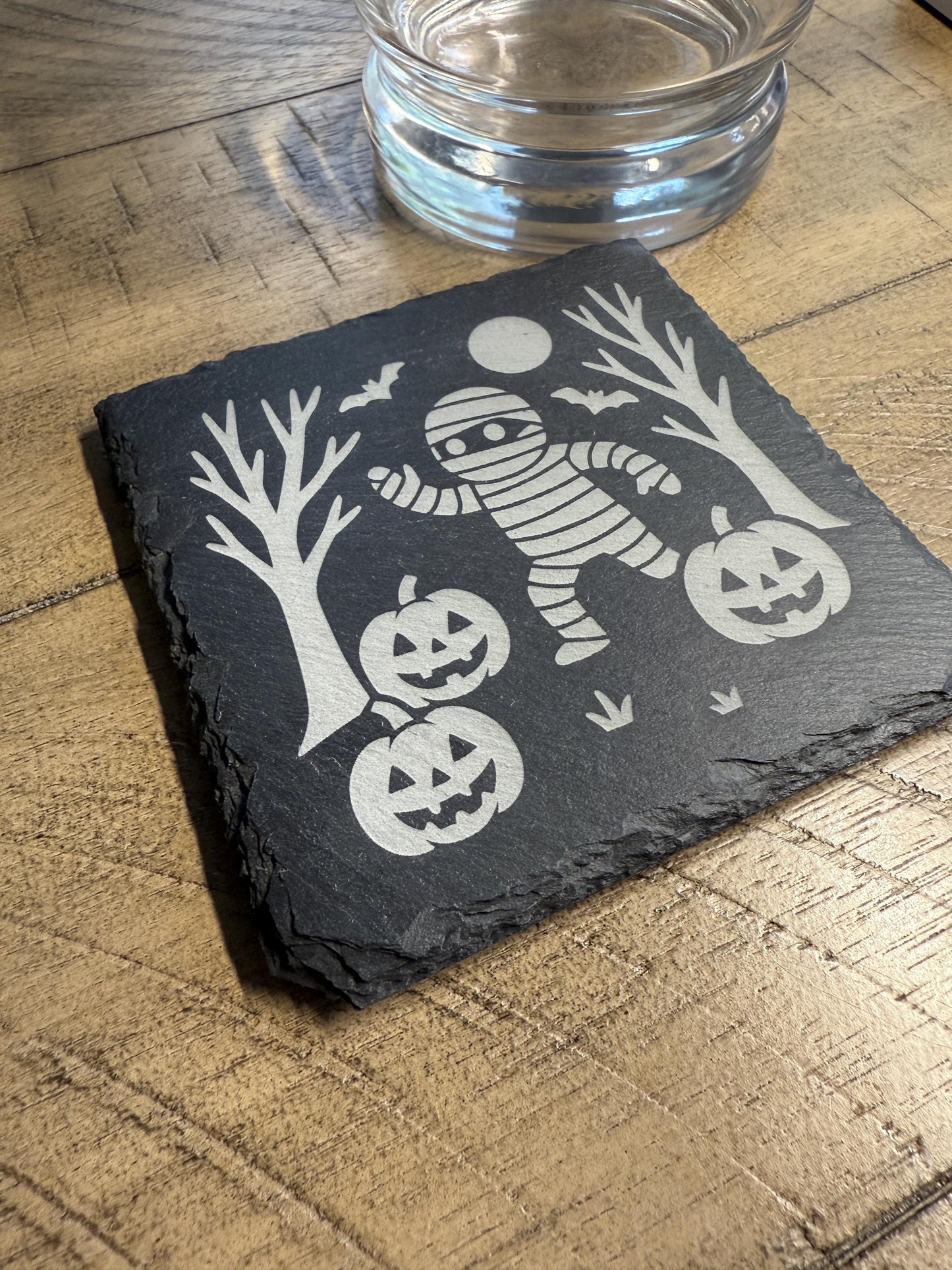 Set of 4 Haunted Mummy Coaster Set | Spooky Halloween Slate Coasters for Home Decor | Can be Personalized!