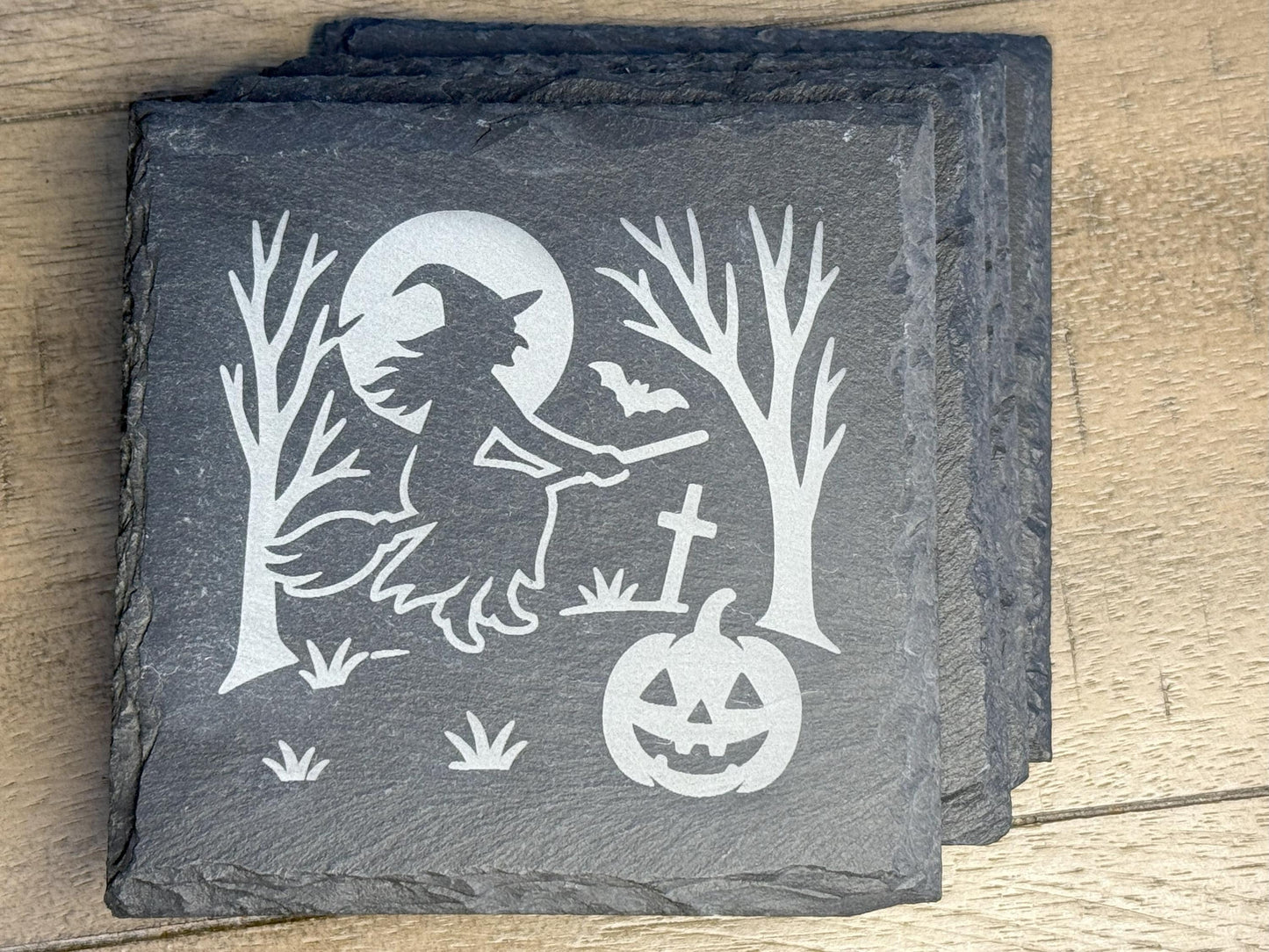 Set of 4 Wicked Witch Coaster Set | Spooky Halloween House Slate Coasters for Home Decor | Can be Personalized!