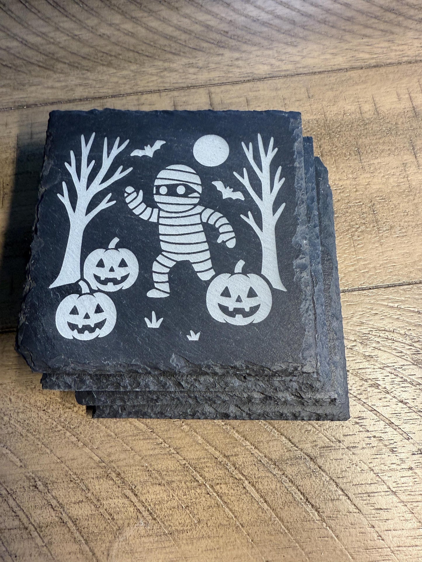 Set of 4 Haunted Mummy Coaster Set | Spooky Halloween Slate Coasters for Home Decor | Can be Personalized!