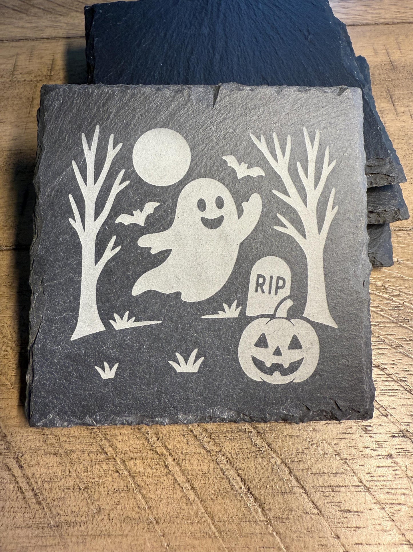 Set of 4 Flying Ghost Coaster Set | Spooky Halloween Slate Coasters for Home Decor | Can be Personalized!