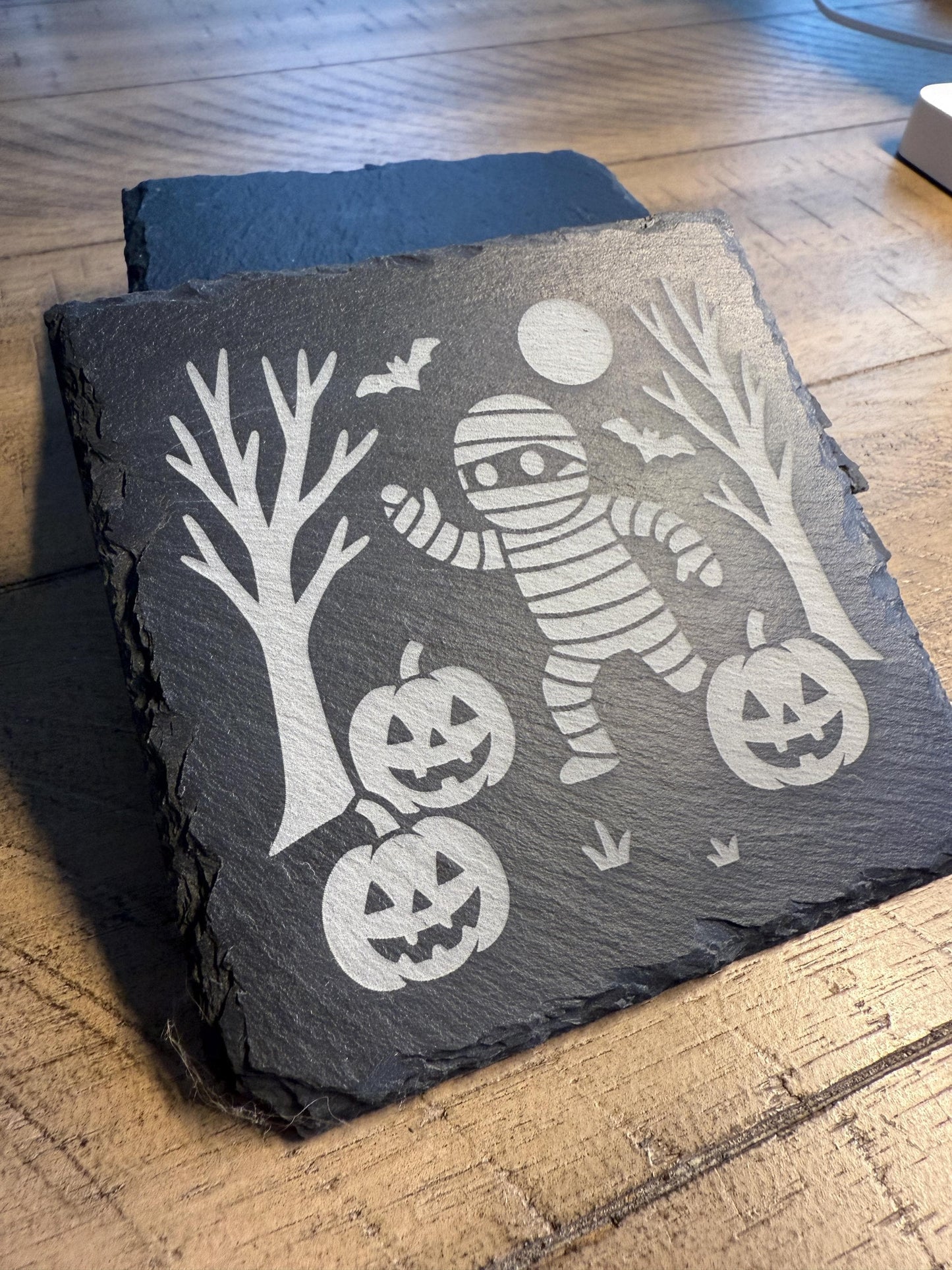 Set of 4 Haunted Mummy Coaster Set | Spooky Halloween Slate Coasters for Home Decor | Can be Personalized!