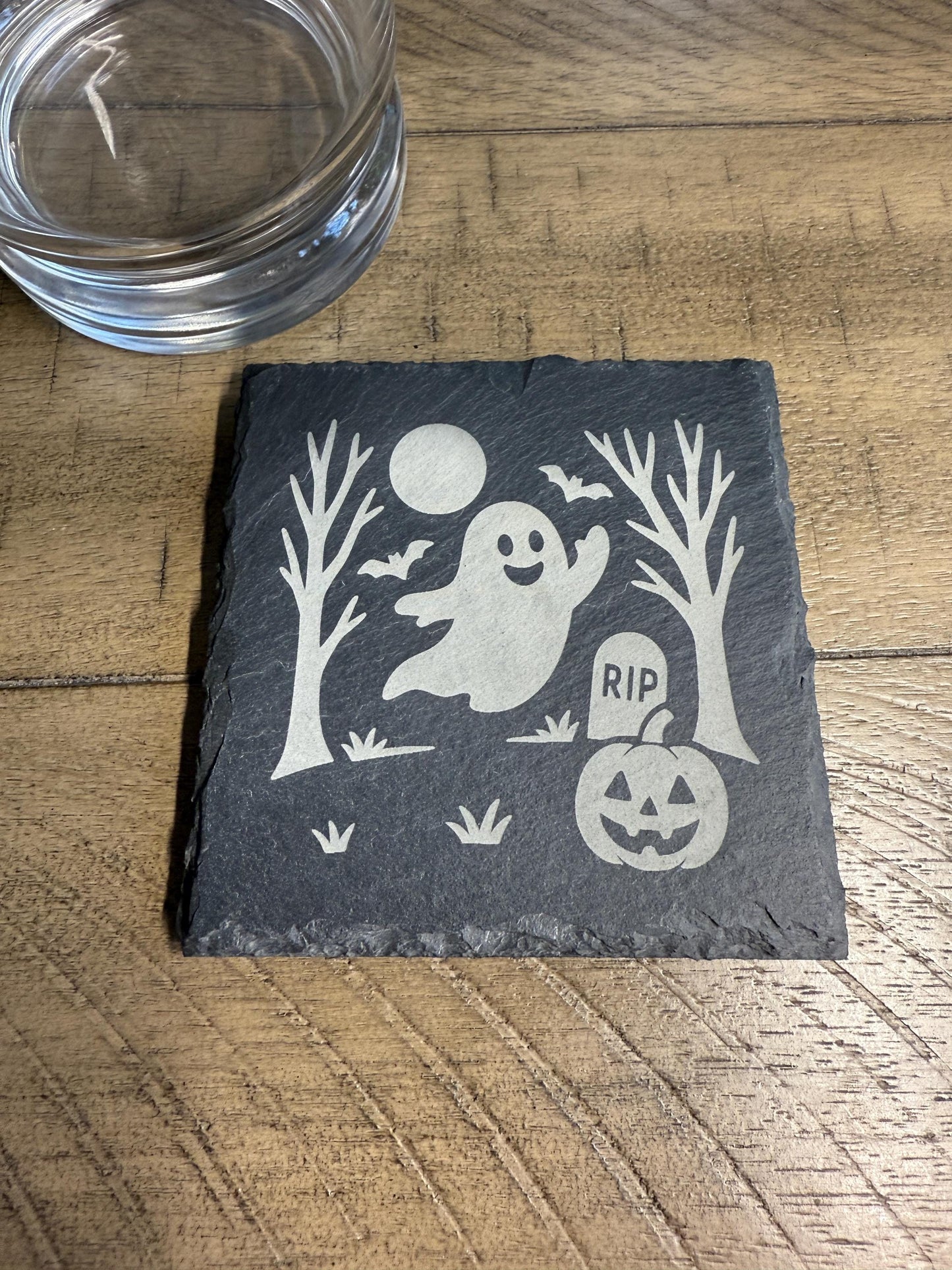 Set of 4 Flying Ghost Coaster Set | Spooky Halloween Slate Coasters for Home Decor | Can be Personalized!