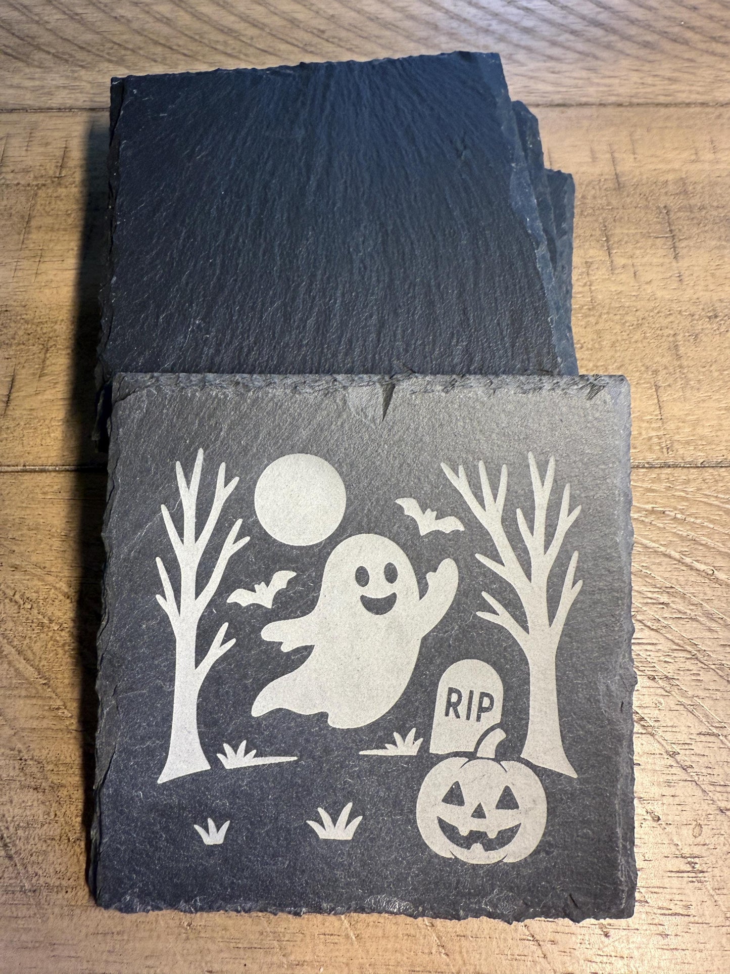 Set of 4 Flying Ghost Coaster Set | Spooky Halloween Slate Coasters for Home Decor | Can be Personalized!