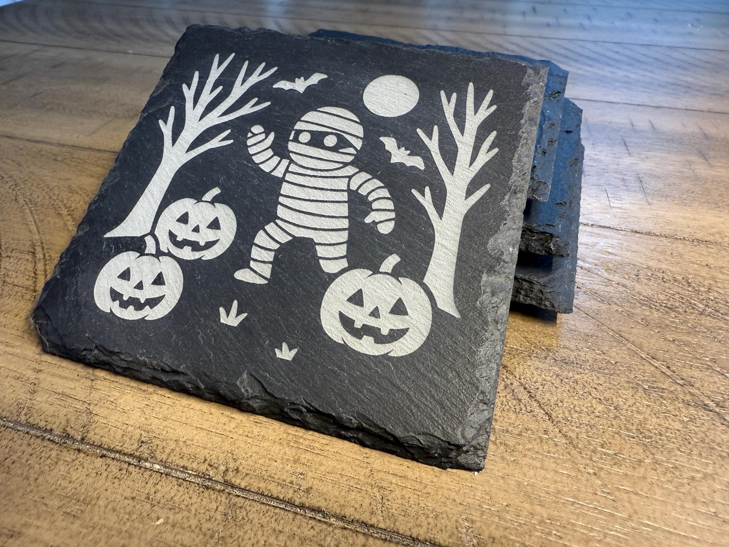 Set of 4 Haunted Mummy Coaster Set | Spooky Halloween Slate Coasters for Home Decor | Can be Personalized!