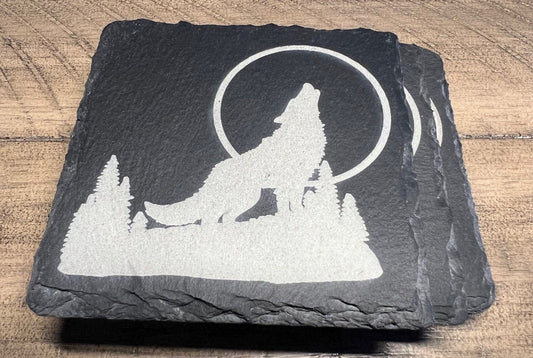 Set of 4 Howling Wolf Laser in Nature Scene Engraved Slate Coasters