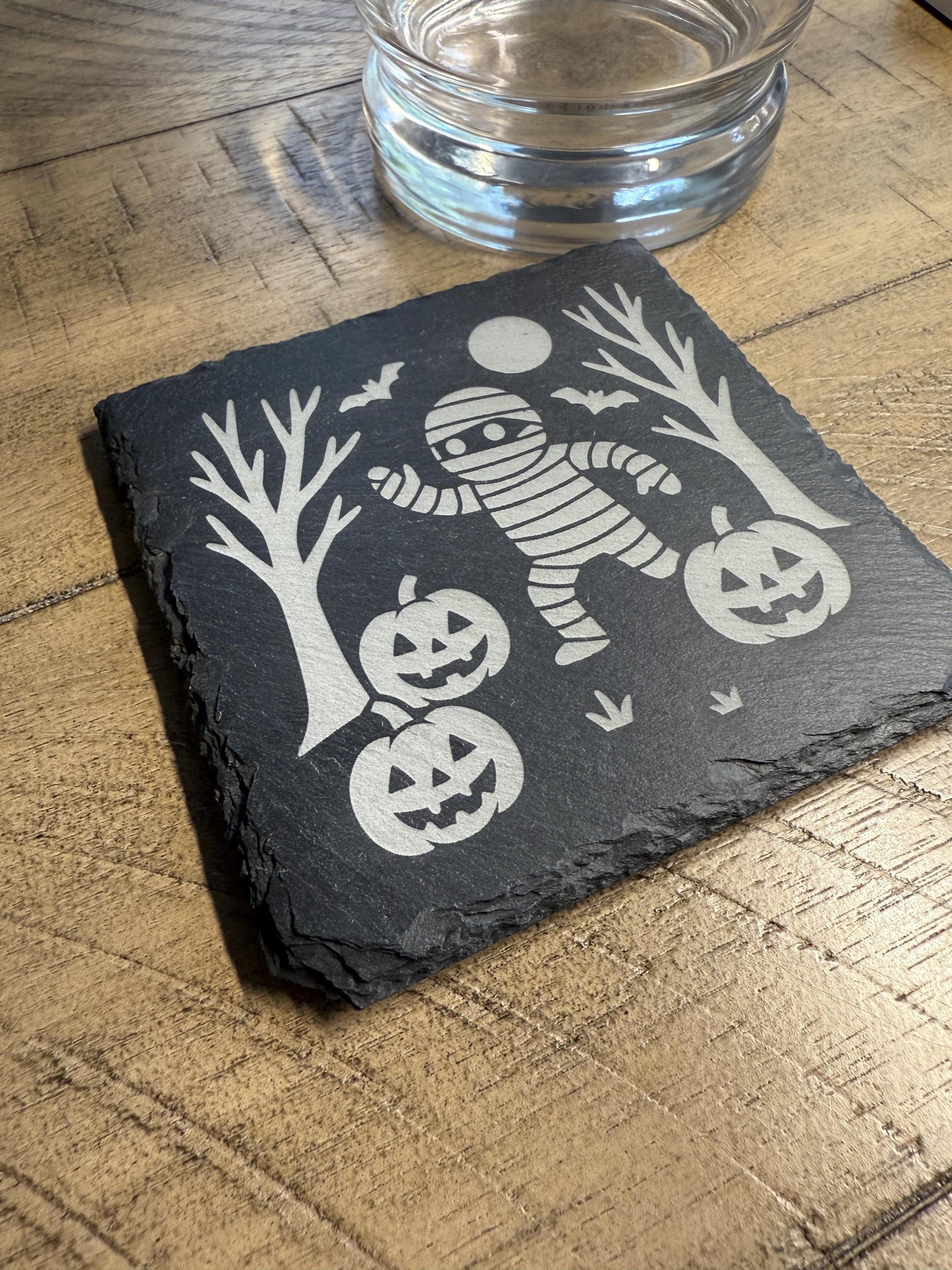 Set of 4 Haunted Mummy Coaster Set | Spooky Halloween Slate Coasters for Home Decor | Can be Personalized!