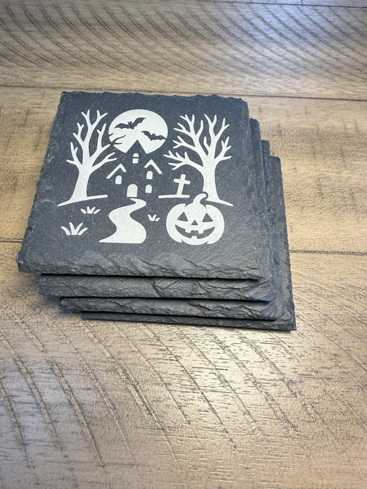 Set of 4 Halloween Coaster Set | Spooky Haunted House Slate Coasters for Home Decor | Can be Personalized!