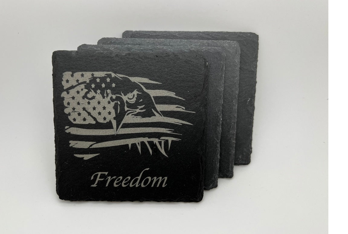 Set of 4 Freedom Eagle Laser Engraved Slate Coasters