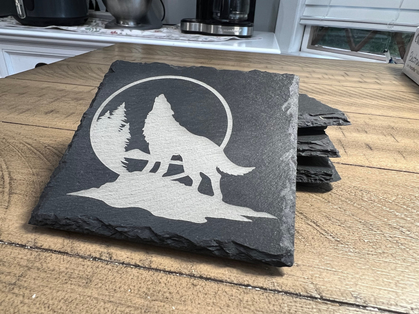 Set of 4 Howling Wolf Laser Engraved Slate Coasters