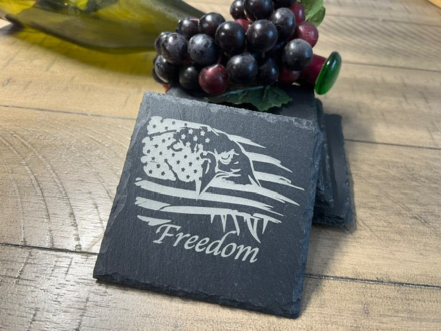 Set of 4 Freedom Eagle Laser Engraved Slate Coasters