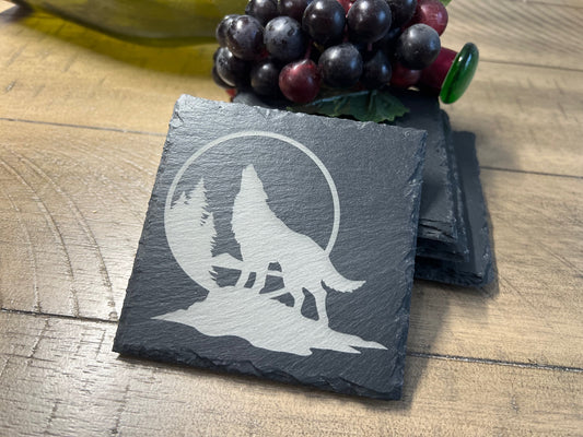 Set of 4 Howling Wolf Laser Engraved Slate Coasters