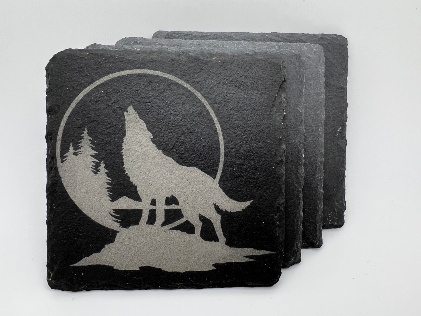 Set of 4 Howling Wolf Laser Engraved Slate Coasters