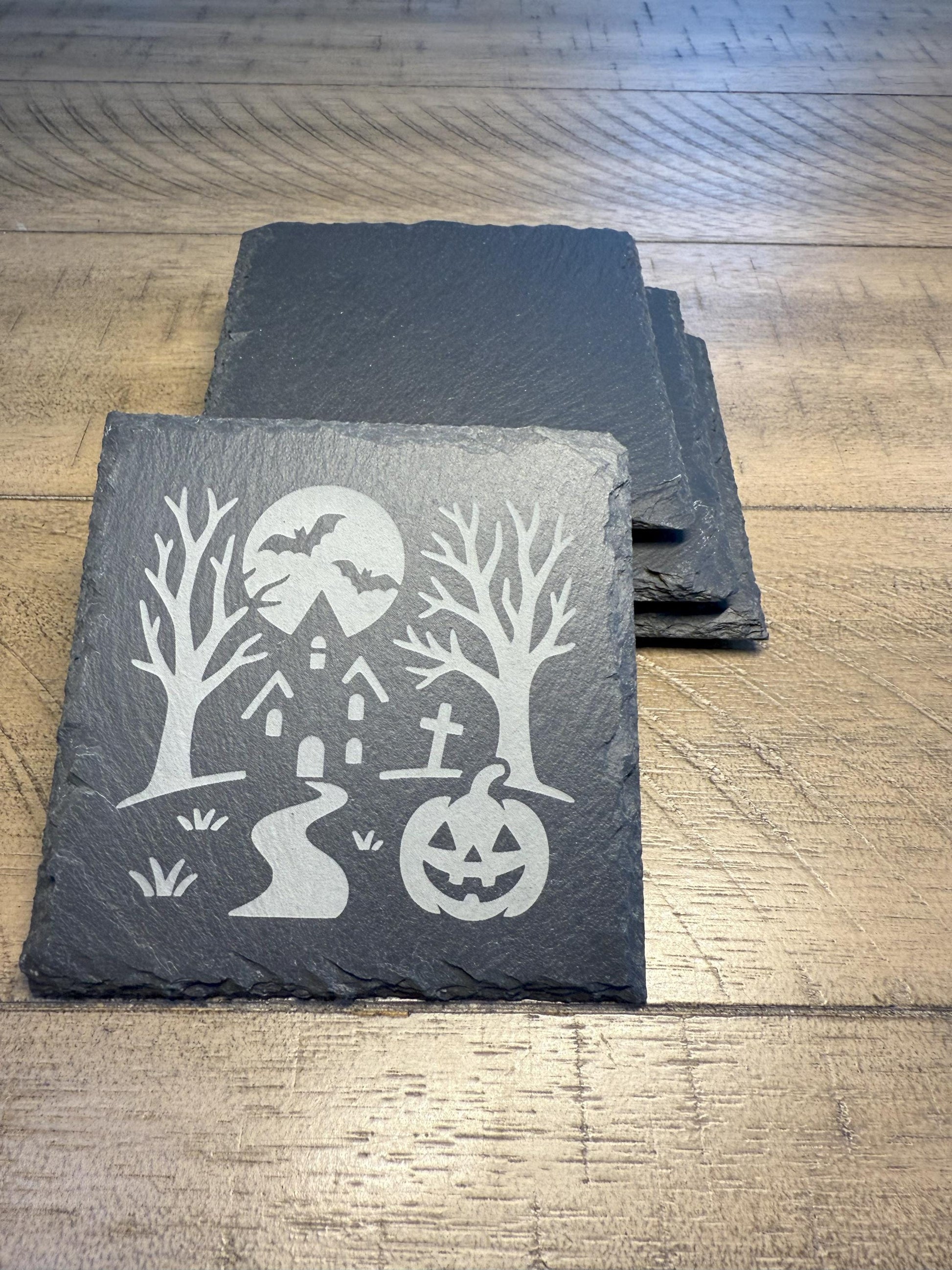 Set of 4 Halloween Coaster Set | Spooky Haunted House Slate Coasters for Home Decor | Can be Personalized!