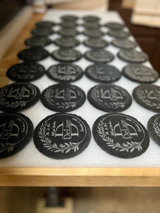 Set of 24- Bulk Quantity- Laser Engraved Slate Coasters. We can produce higher quantities!