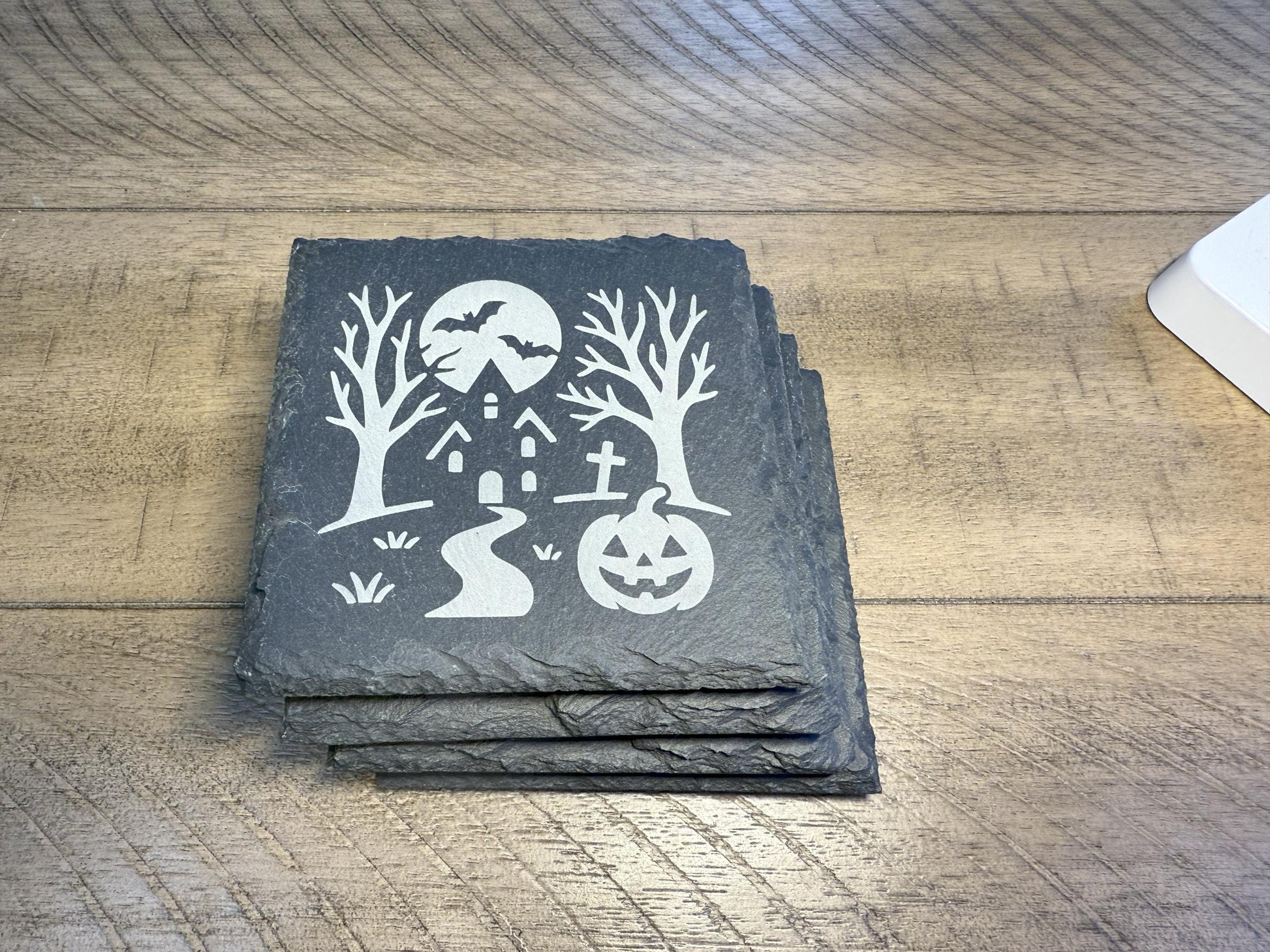 Set of 4 Halloween Coaster Set | Spooky Haunted House Slate Coasters for Home Decor | Can be Personalized!