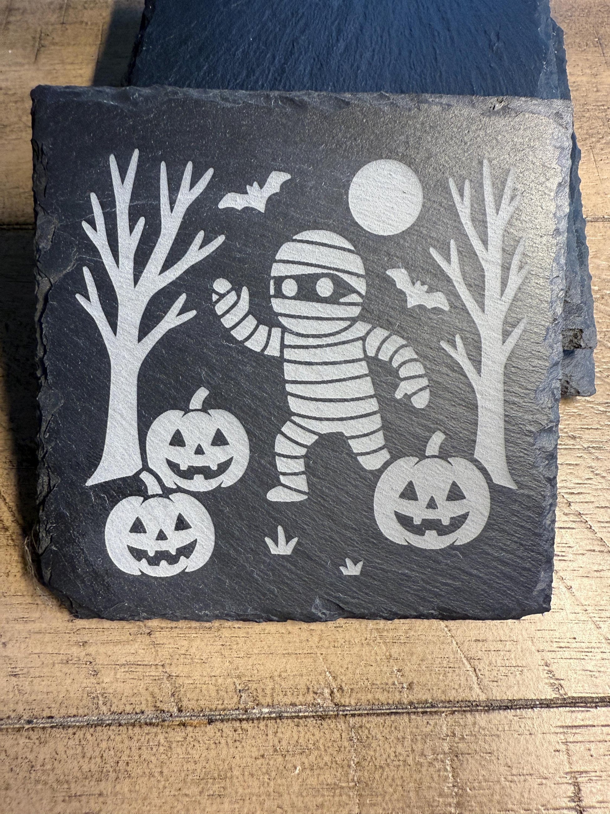 Set of 4 Haunted Mummy Coaster Set | Spooky Halloween Slate Coasters for Home Decor | Can be Personalized!