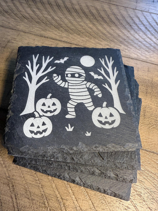 Set of 4 Haunted Mummy Coaster Set | Spooky Halloween Slate Coasters for Home Decor | Can be Personalized!